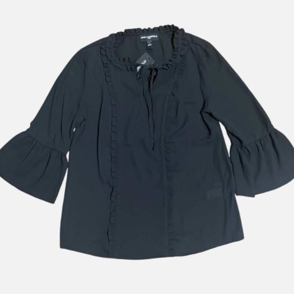KARL LAGERFELD Black Ruffle Bell Sleeve Top Small